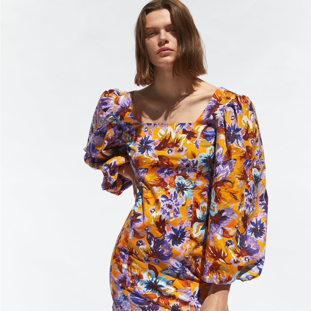 Zara Floral Puff Sleeve Dress in Orange and Purple